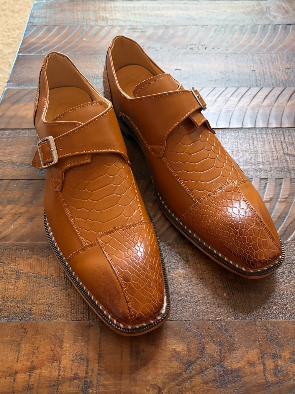 Synthetic Leather Monk Strap Dress Shoe Square Toe Embossed Reptile Vamp 10-10.5